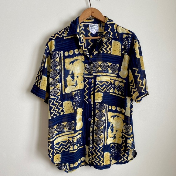 Vintage Como Studio | Navy Gold Abstract Funky 90s Sheer Blouse - Picture 1 of 3